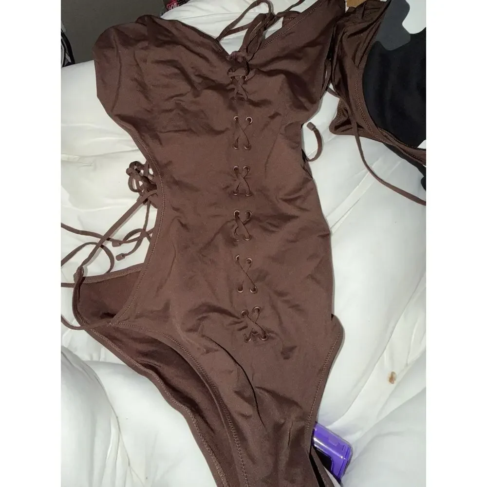 SKIMS Recycled Swim Lace Up Monokini Cocoa Brown Size 4X NWT One Piece